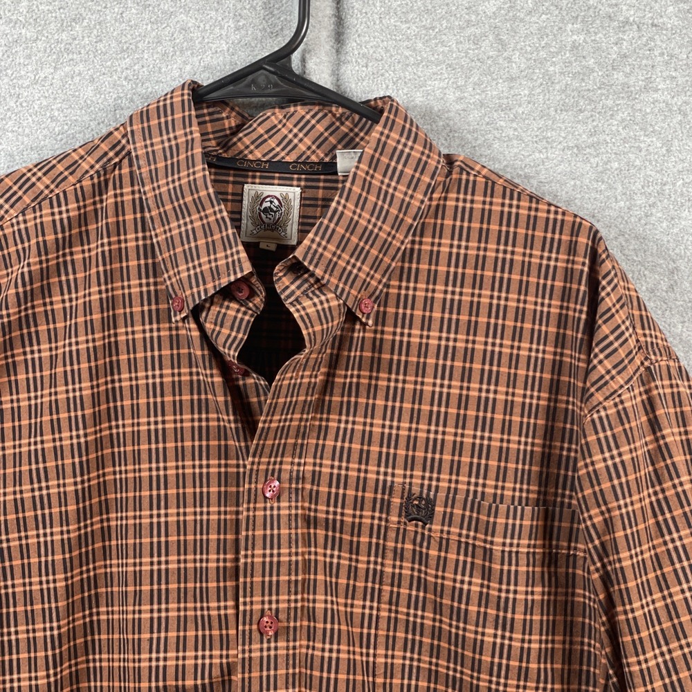 Cinch Western Mens Button Front Shirt Orange Plaid Cotton L Long Sleeve Rodeo